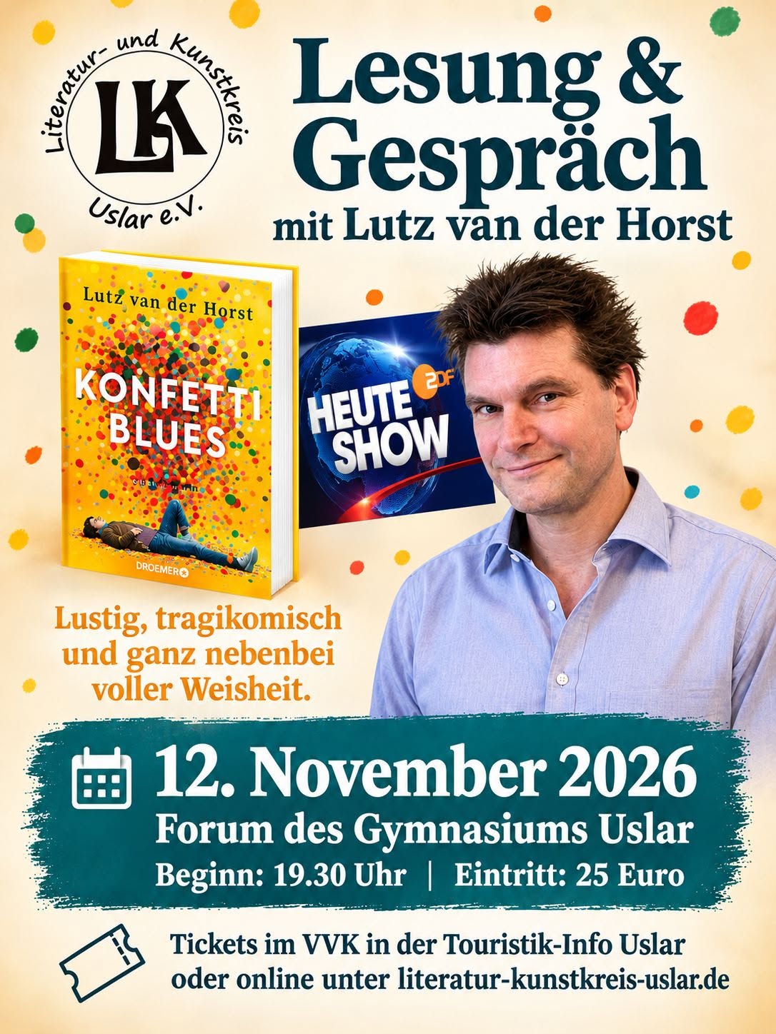 Konfetti-Blues! Lutz van der Horst ist am 12. November 2026 zu Gast in Uslar